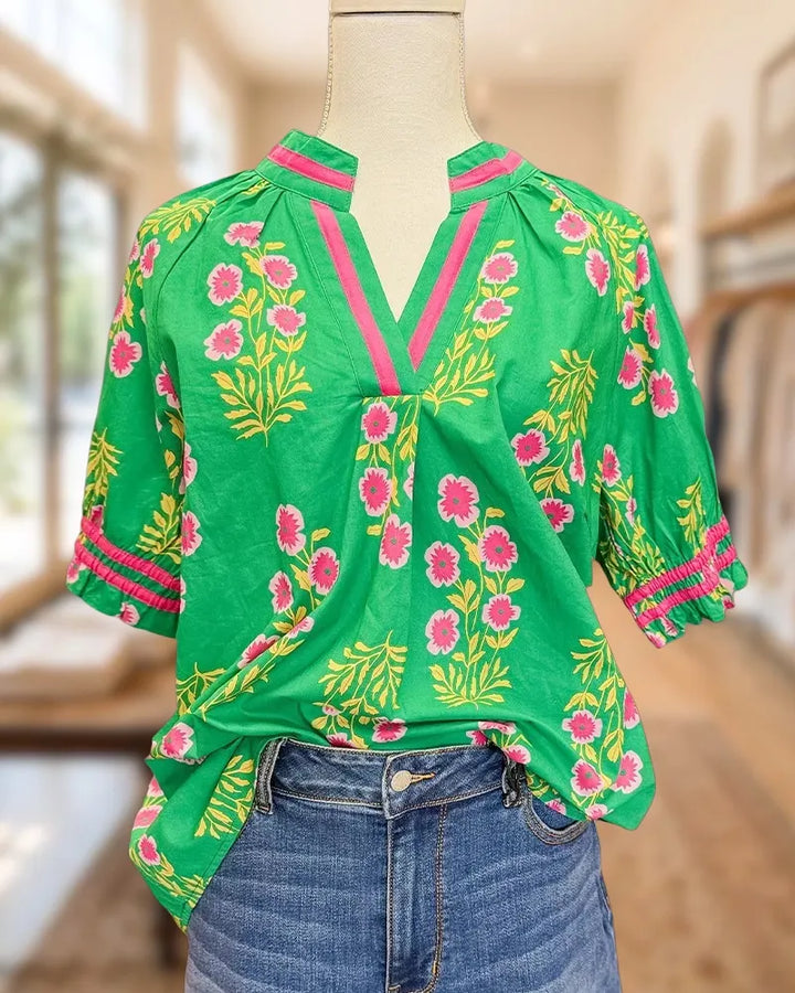 Floral Print V Neck Puff Sleeve Smocked Cuff Casual Blouse