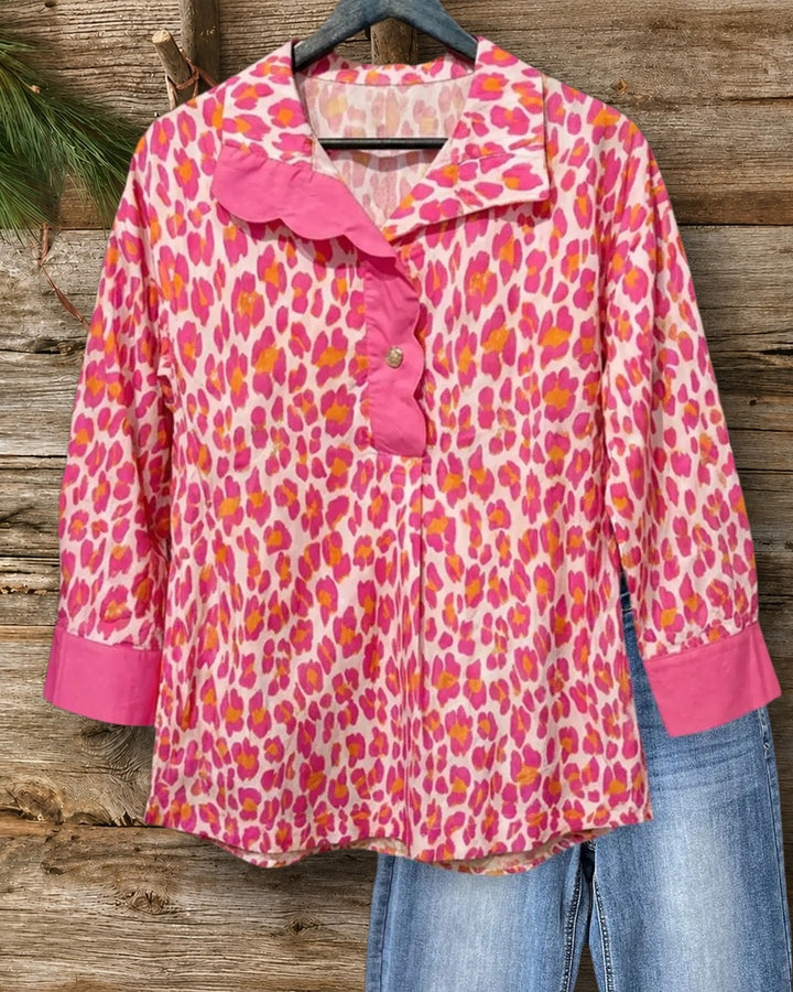 Scallop Trim Placket Collared Leopard Print 3/4 Sleeve Blouse
