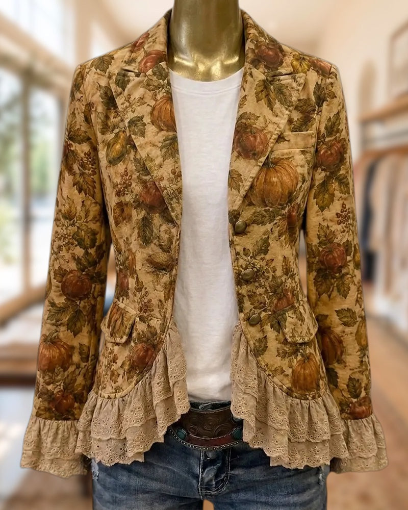 Notched Lapel Single Breasted Ruffled Lace Trim Printed Blazer