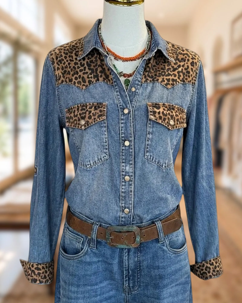 Leopard Contrast Panel Button Shirt