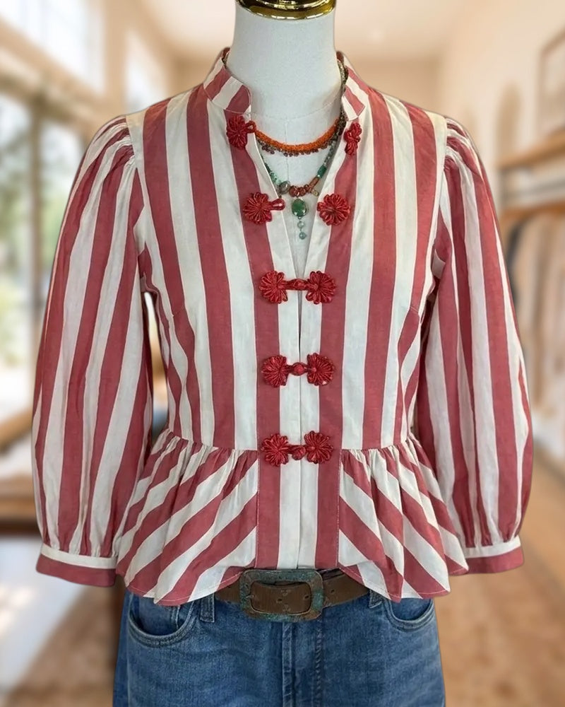 Mandarin Collar Striped Frog Button Peplum 3/4 Sleeve Blouse