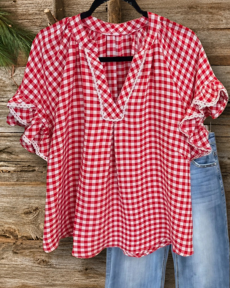 V Neck Gingham Ruffle Sleeve Lace Trim Loose Blouse