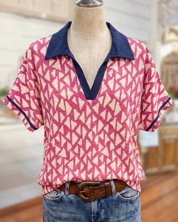 Geometric Print Contrast Trim Collared Short Sleeve Casual Blouse