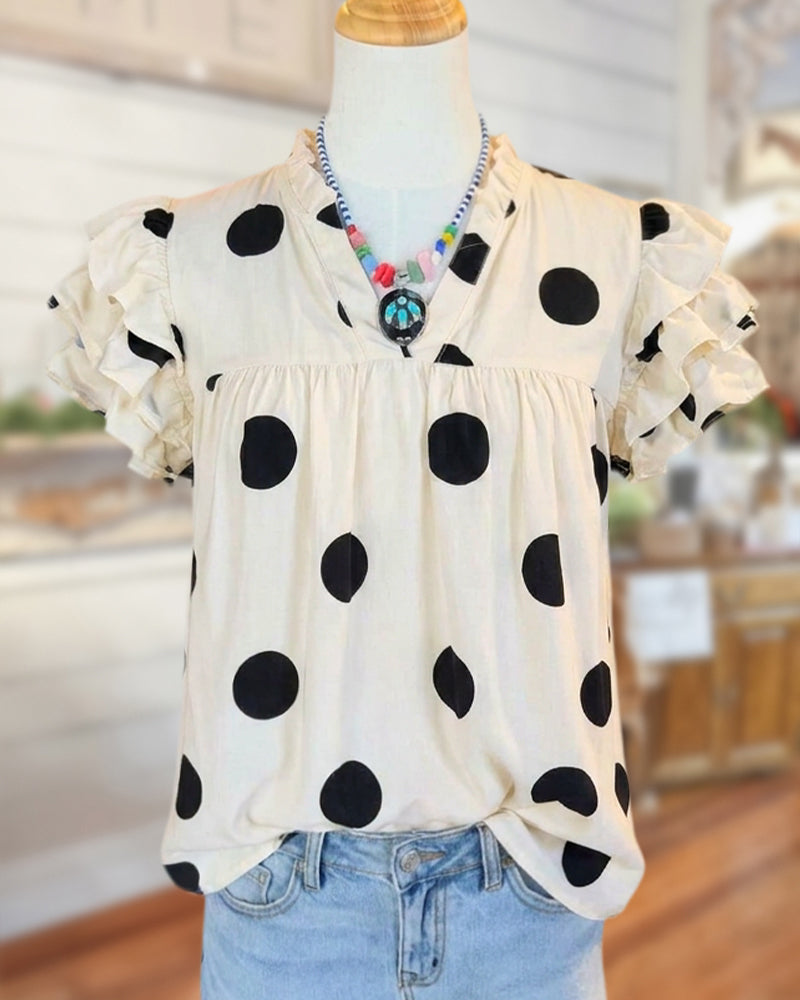 Polka Dot Ruffle Sleeve V Neck Empire Waist Blouse