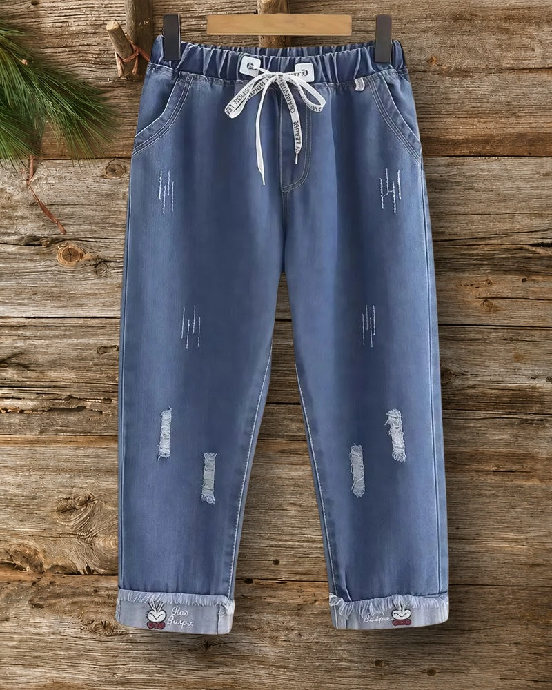 Ripped Washed Urban Drawstring Cartoon Embroidered Jeans