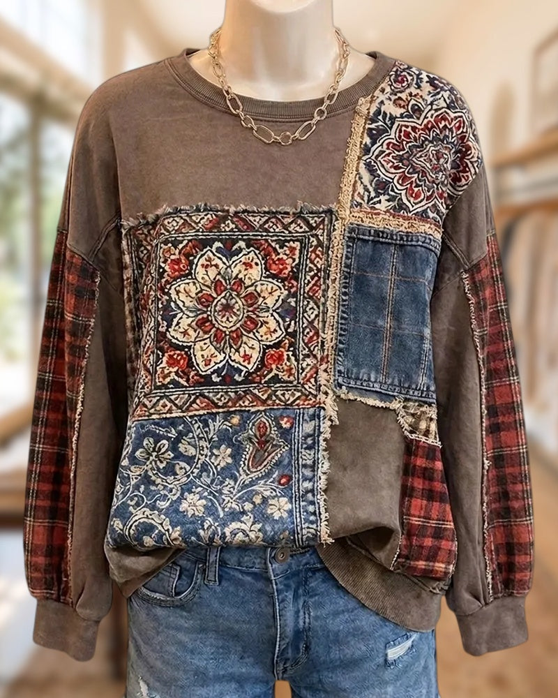 Patchwork Print Raw Edge Sweatshirt