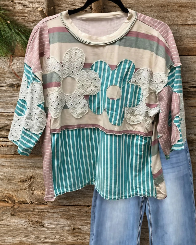 Flower Applique On-trend Striped Patchwork T-Shirt
