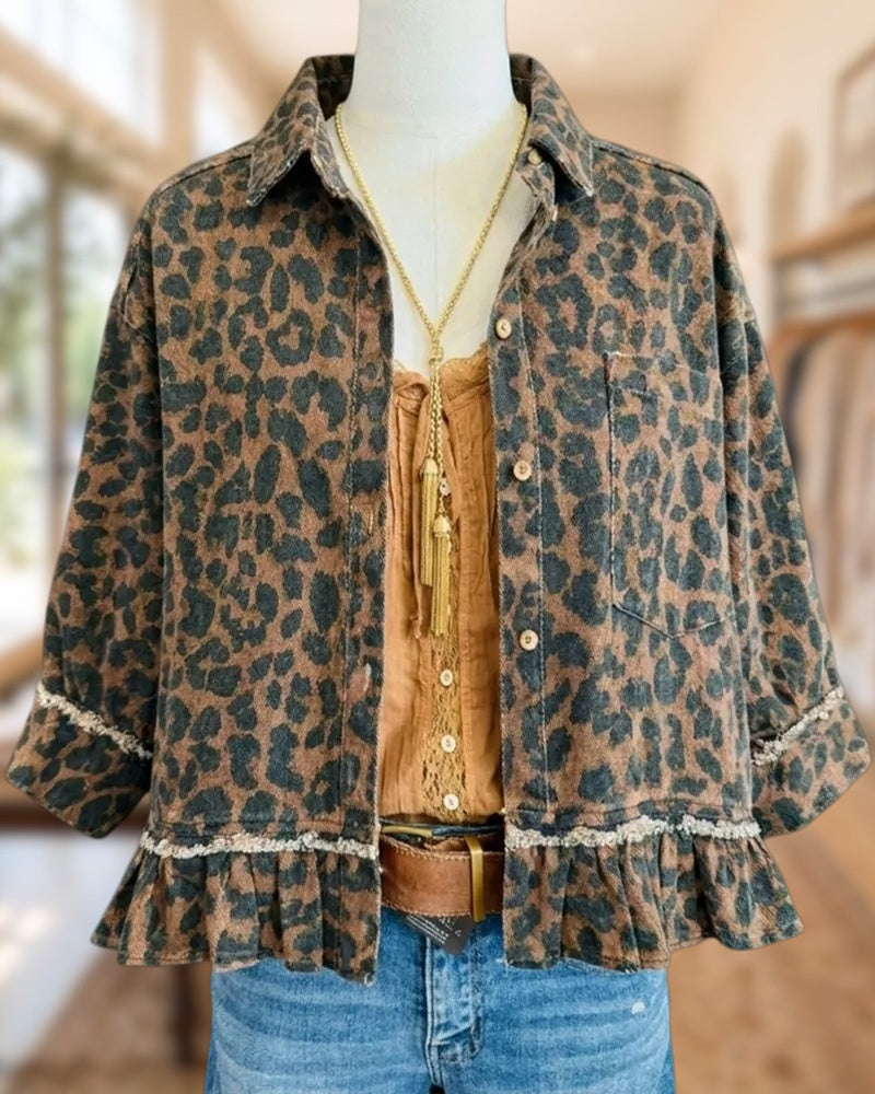 Leopard Print On-trend Ruffled Hem Button Front Jacket