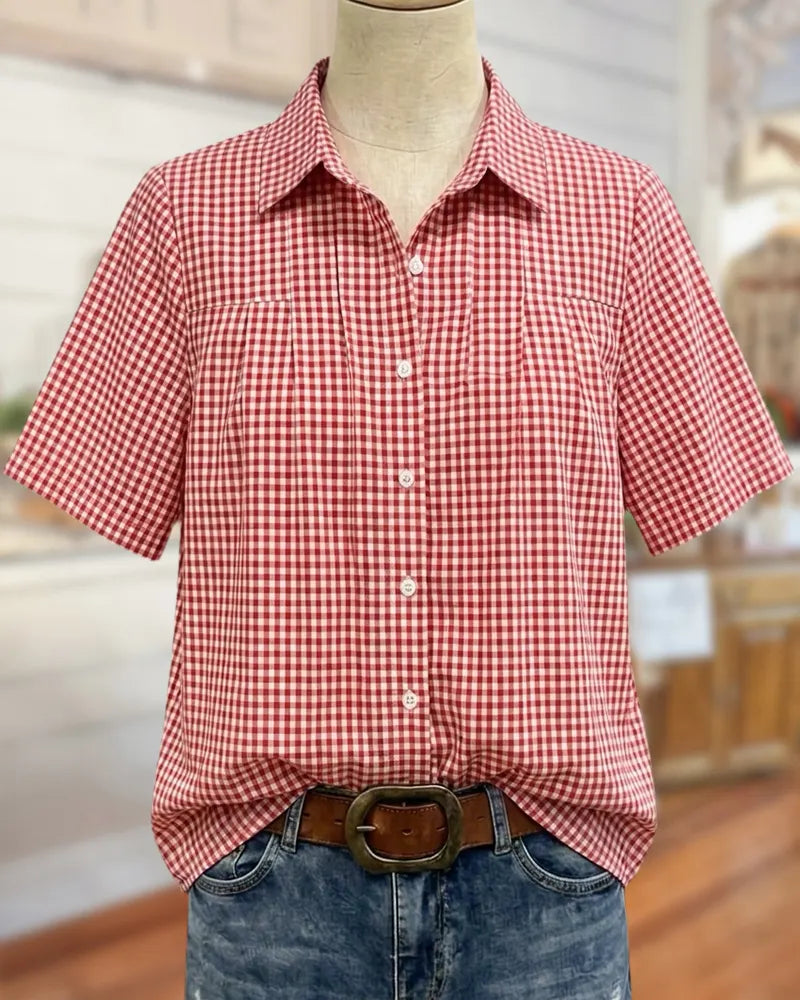 Gingham Chest Pleat Button Front Short Sleeve Collared Shirt