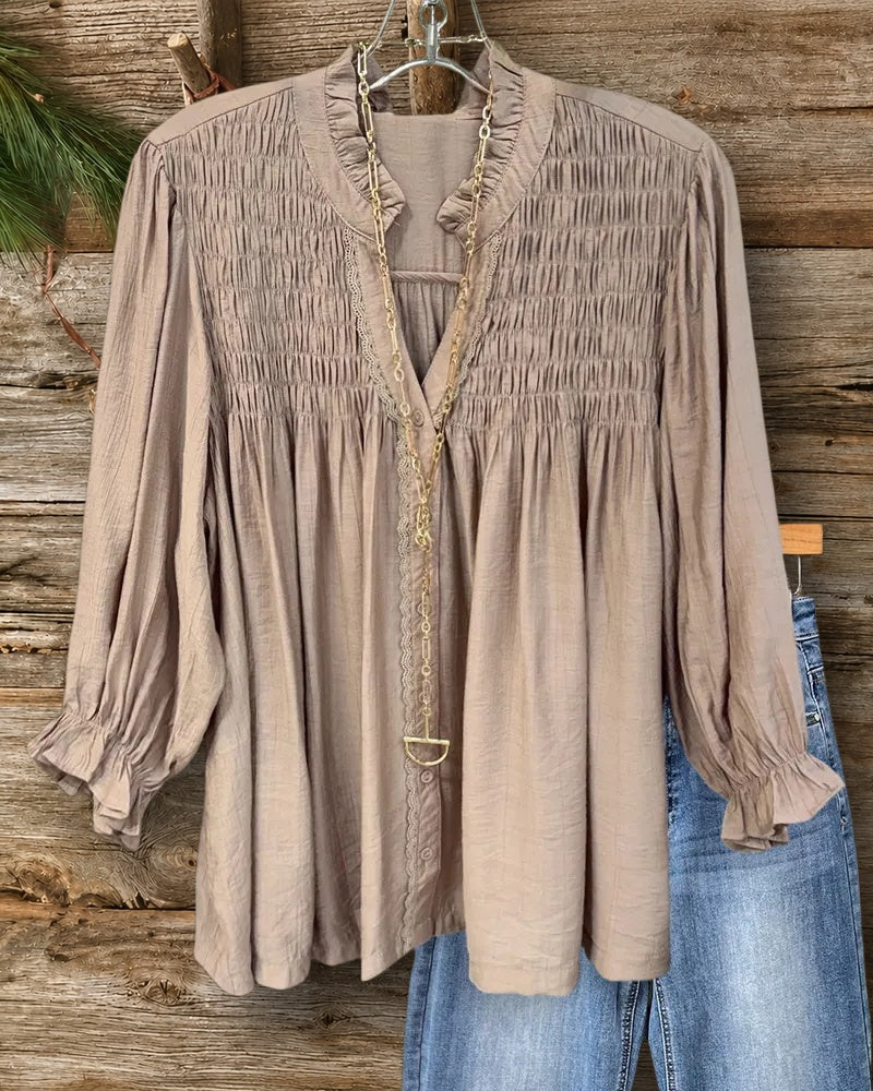 Smocked Ruffle Trim V Neck Button Front Flowy Blouse
