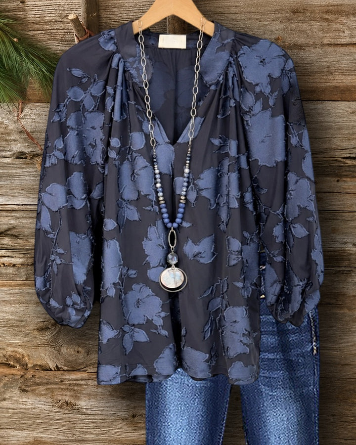 V Neck Textured Floral Gathered Lantern Sleeve Loose Fit Blouse