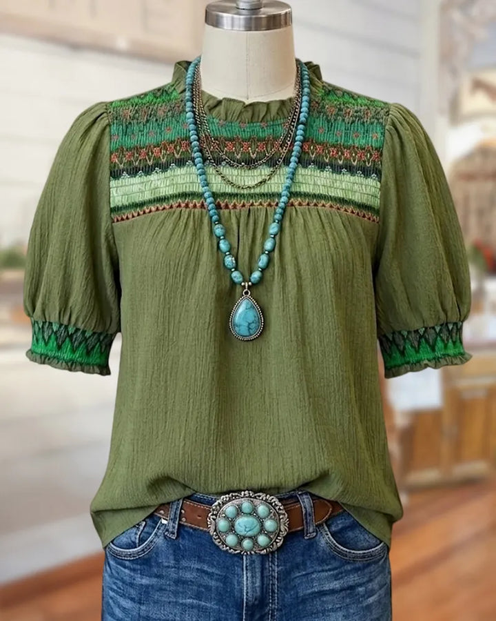 Embroidered Yoke Ruffled Neck Puff Sleeve Loose Casual Blouse