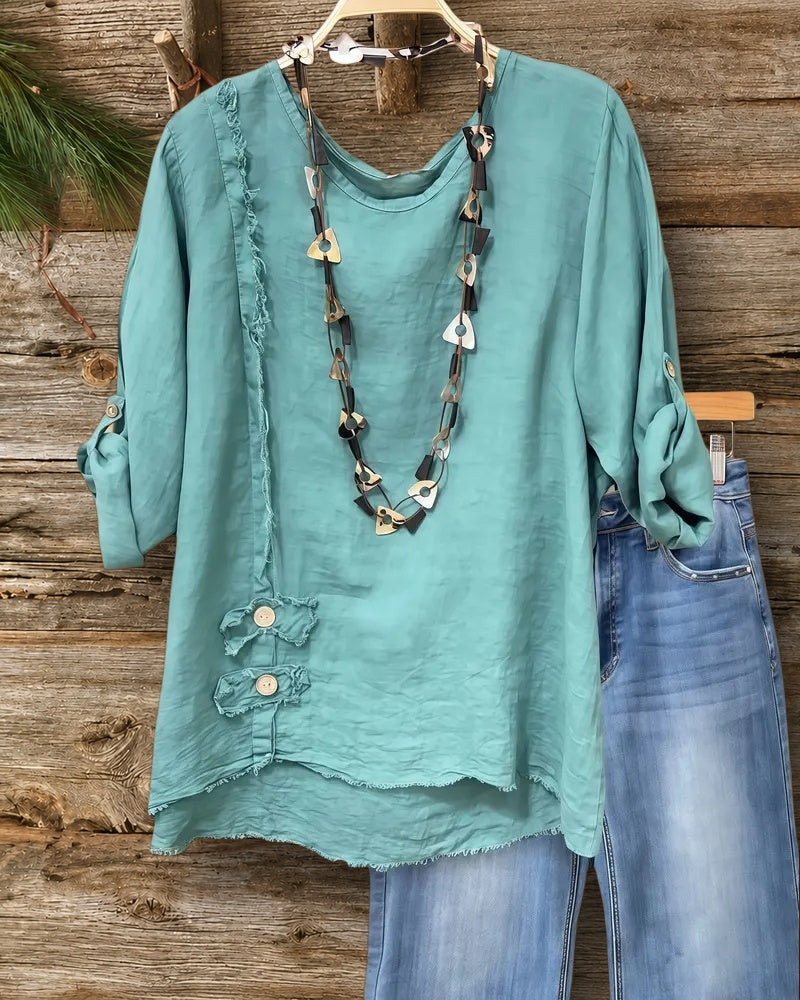 Solid Color Frayed Seamed Detail Laid Back Blouse