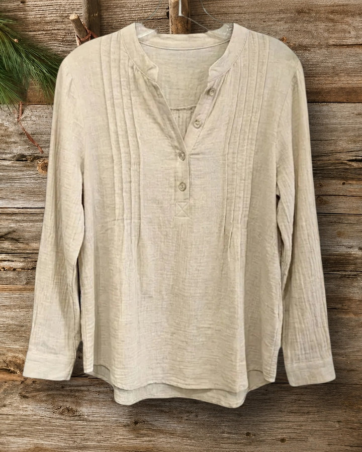 Mandarin Collar Half Button Pintuck Long Sleeve Blouse