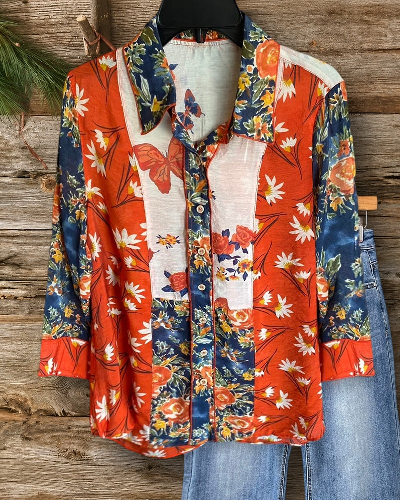 Floral Print Patchwork Tropical Button Up Shirt