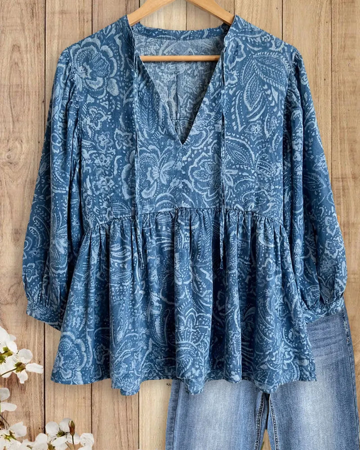 Paisley Print Tie Neck Babydoll Blouse With Lantern Sleeves