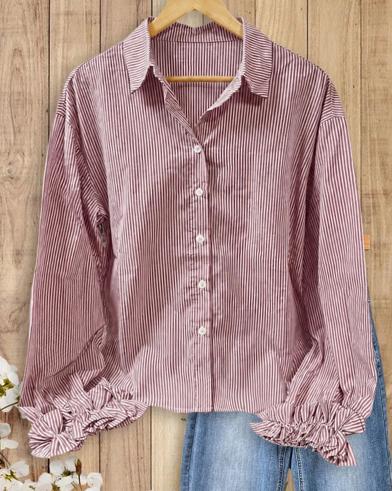 Striped Collared Button Front Ruffle Cuff Charming Shirt