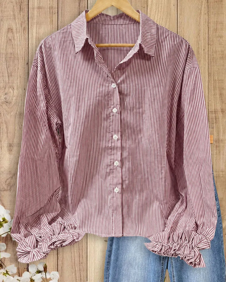 Striped Collared Button Front Ruffle Cuff Charming Shirt