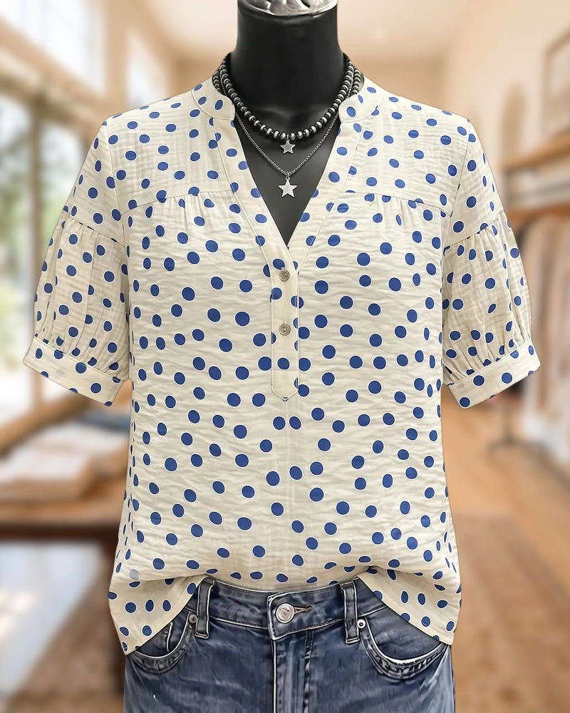 Polka Dot V Neck Half Button Placket Short Sleeve Blouse