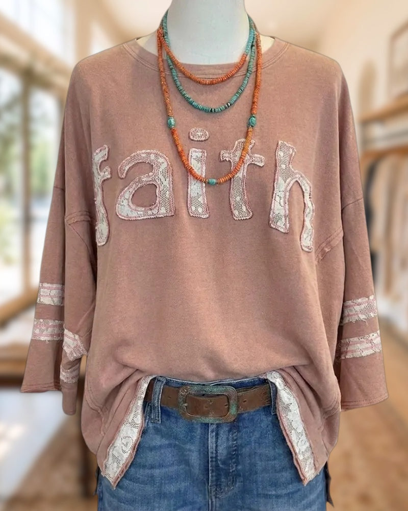 Faith Lace Applique Drop Shoulder 3/4 Sleeve Casual Top