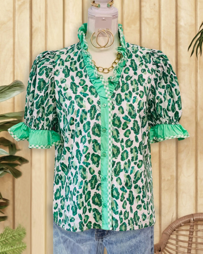 Leopard Print Elegant Button Up Ruffles Decor Blouse