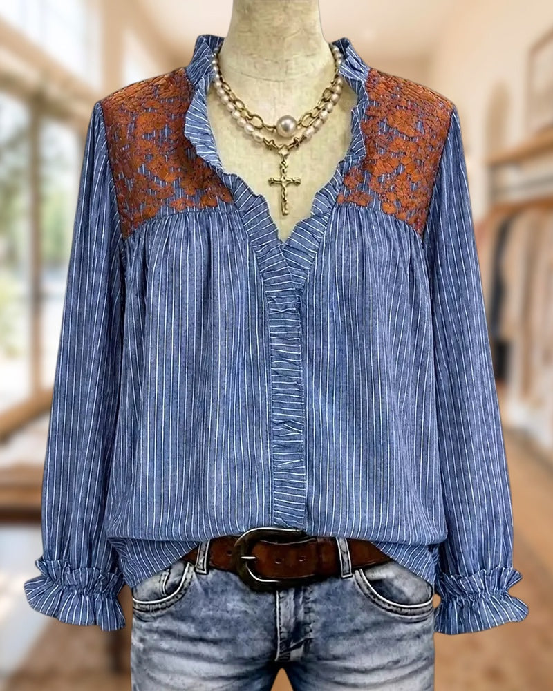 Striped Ruffle Trim V-Neck Blouse