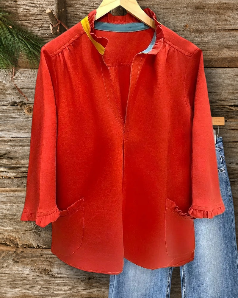 Color Block Ruffles Trim Patch Pocket Laid Back Blouse