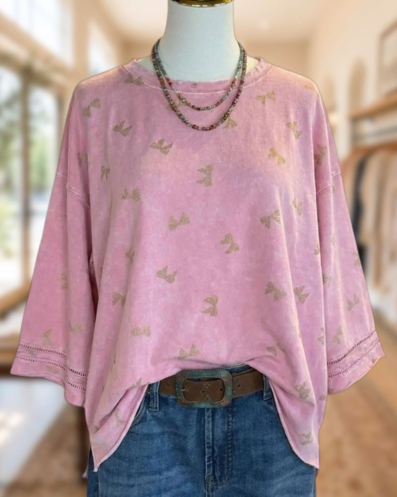 Bow Print Half Sleeve Lace Trim Loose Fit Casual T-shirt