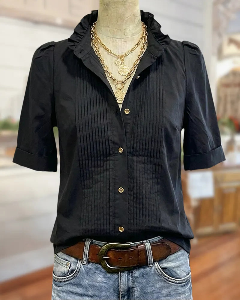 Ruffled Collar Pintuck Front Half Sleeve Button Down Blouse