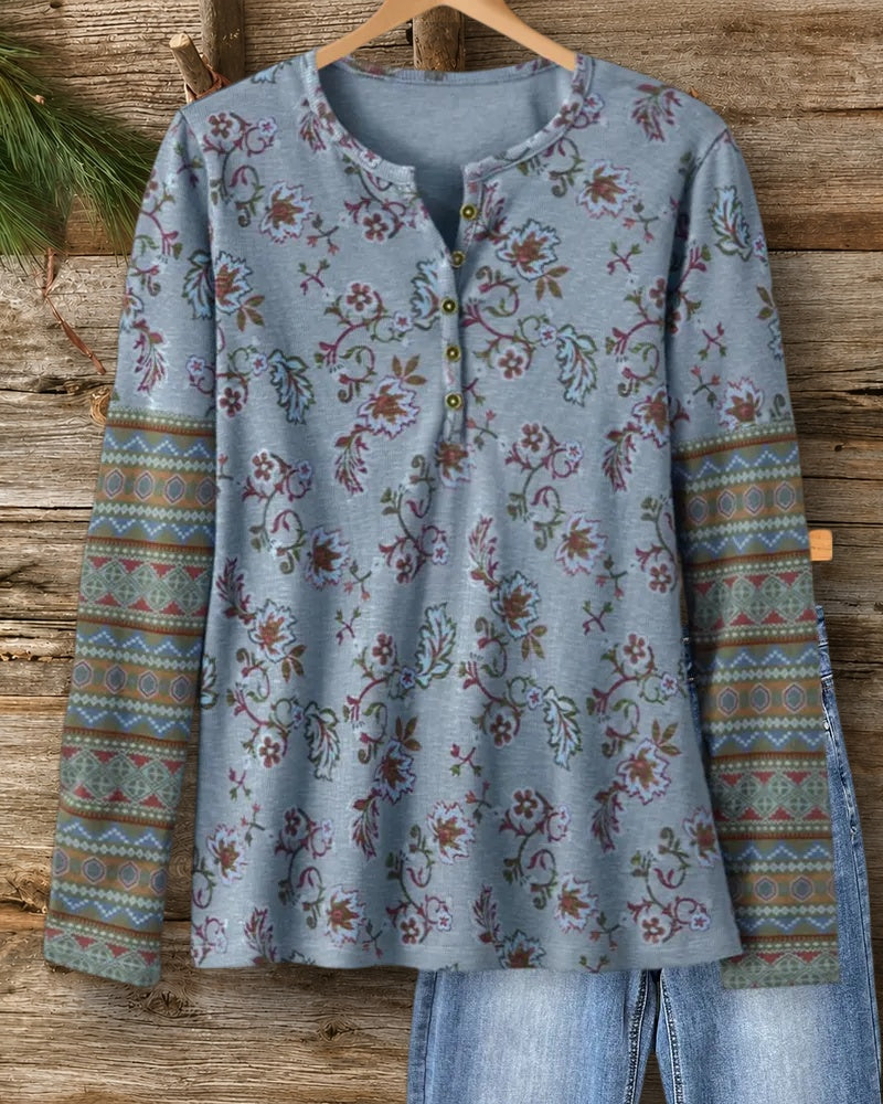 Floral Print Henley Contrast Geometric Sleeve Casual Blouse