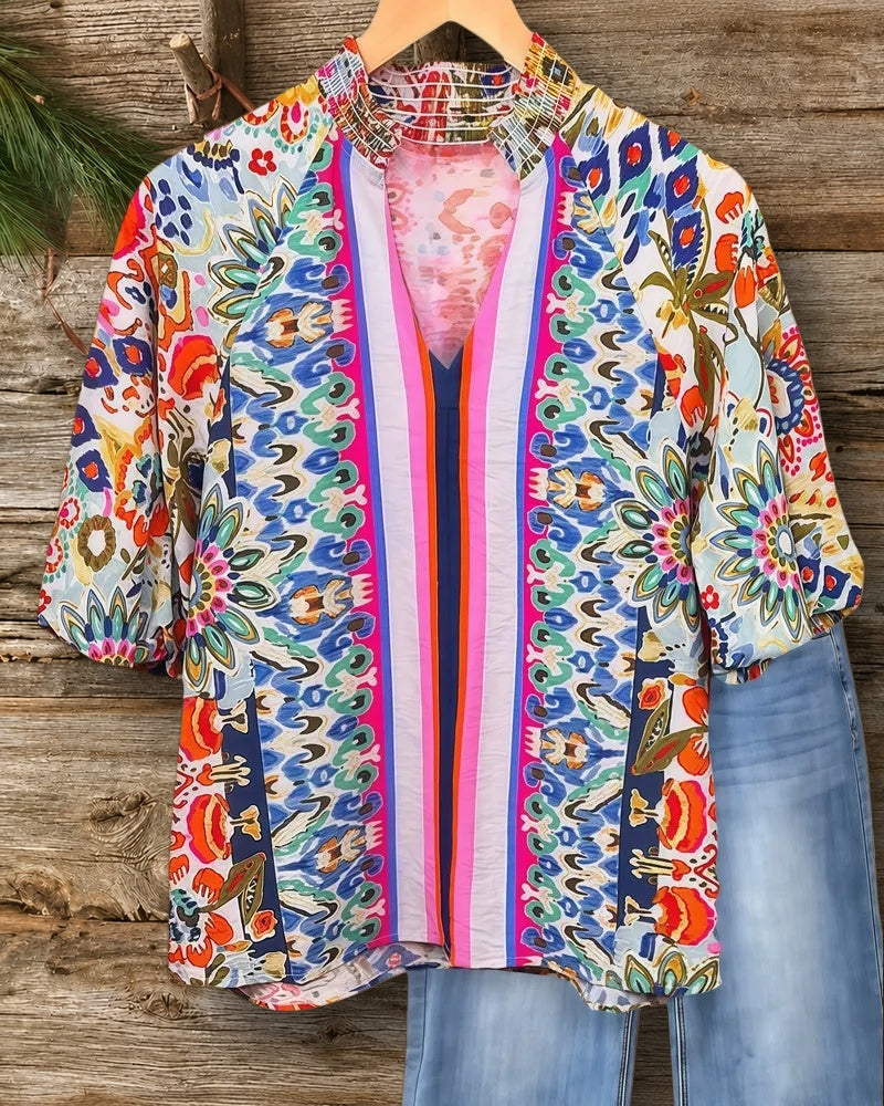 Floral Mixed Print Bold V Neck Puff Sleeve Blouse