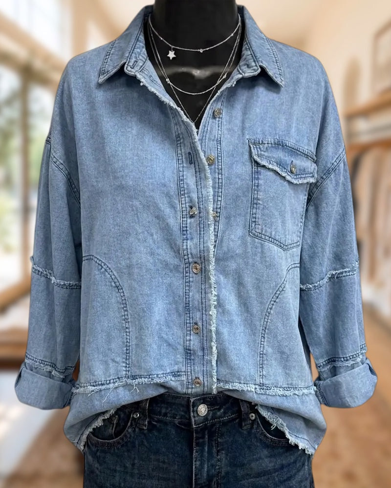 Long Sleeve Frayed Trim Denim Shirt With Chest Pocket