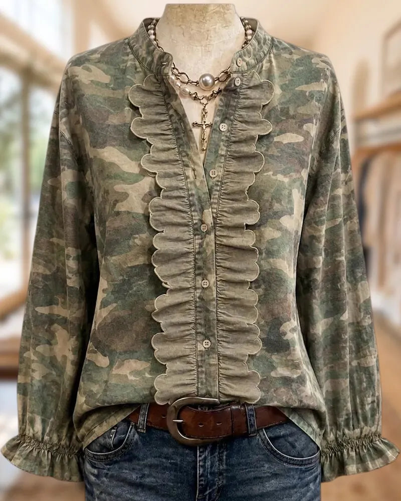 Scalloped Trim Camo Print Long Sleeve Button Front Blouse