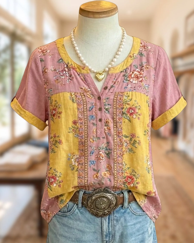 Floral Patchwork Contrast Trim Henley Short Sleeve Blouse