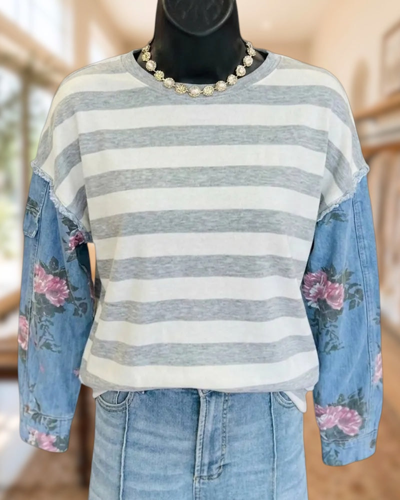 Striped Contrast Floral Denim Sleeve Crew Neck Top