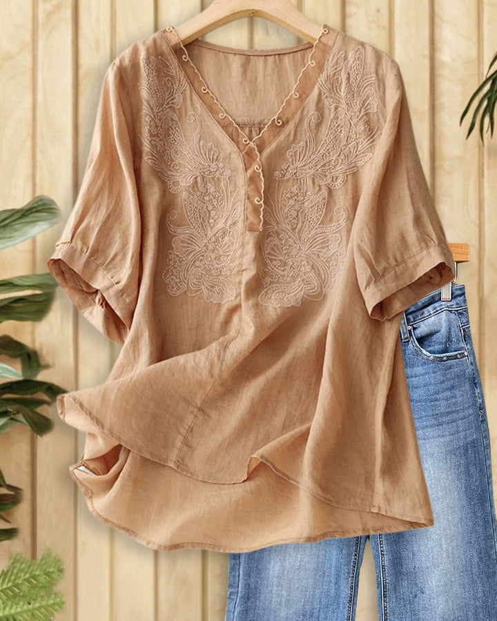 Solid Color Floral Embroidery Glamorous V Neck Blouse