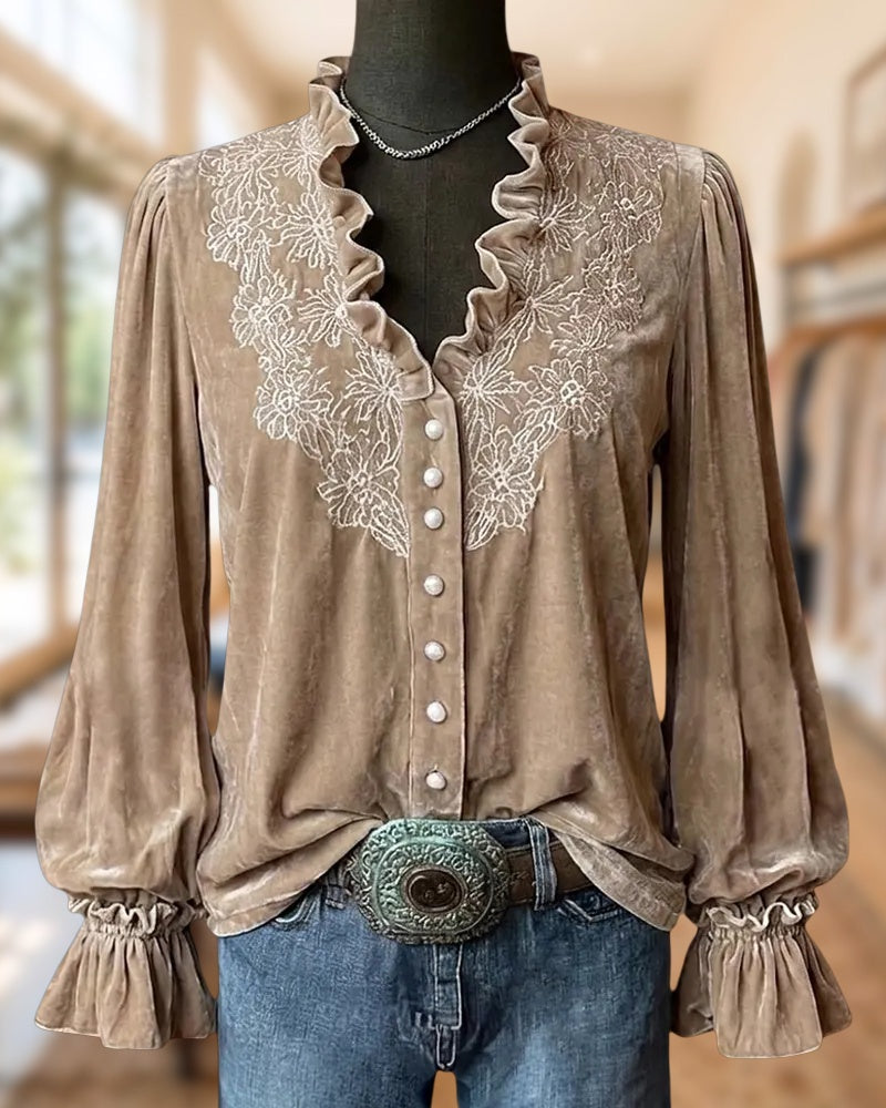 V Neck Floral Embroidery Velvet Button Front Lantern Sleeve Blouse