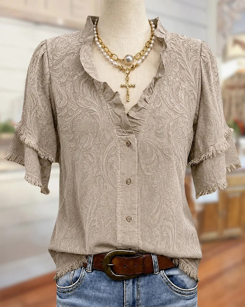 Paisley Print Ruffled V Neck Tassels Trim Button Front Boho Blouse