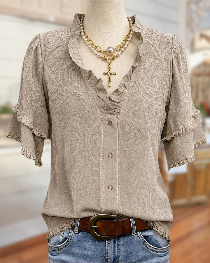 Paisley Print Ruffled V Neck Tassels Trim Button Front Boho Blouse
