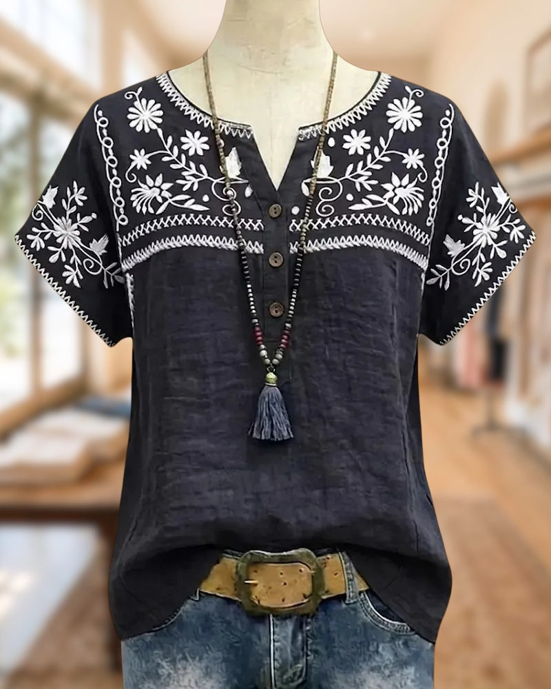Embroidered V Neck Short Sleeve Button Front Casual Blouse