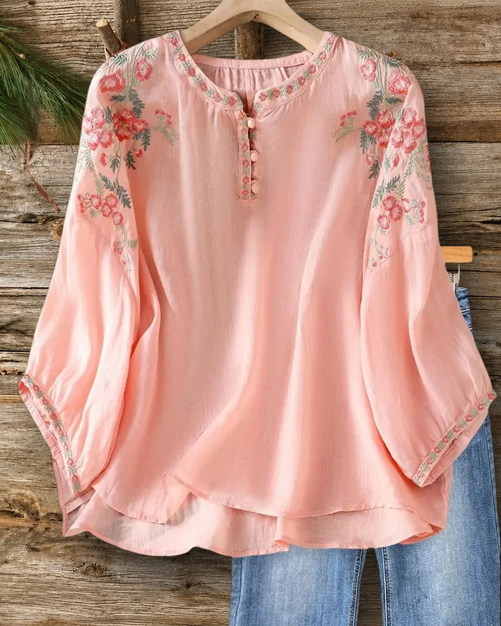 Floral Embroidered Button Placket Loose Casual 3/4 Sleeve Blouse