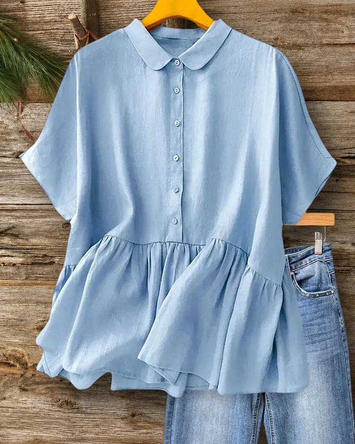 Collared Button Front Short Sleeve Ruffled Peplum Casual Blouse