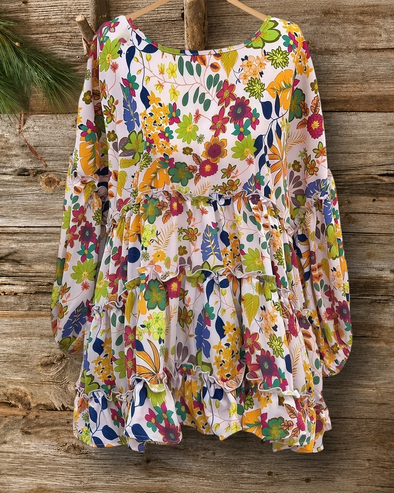 Floral Print Colorful Puff Sleeve Tiered Blouse