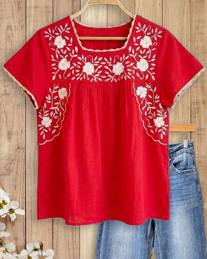 Square Neck Floral Embroidery Lace Trim Short Sleeve Blouse