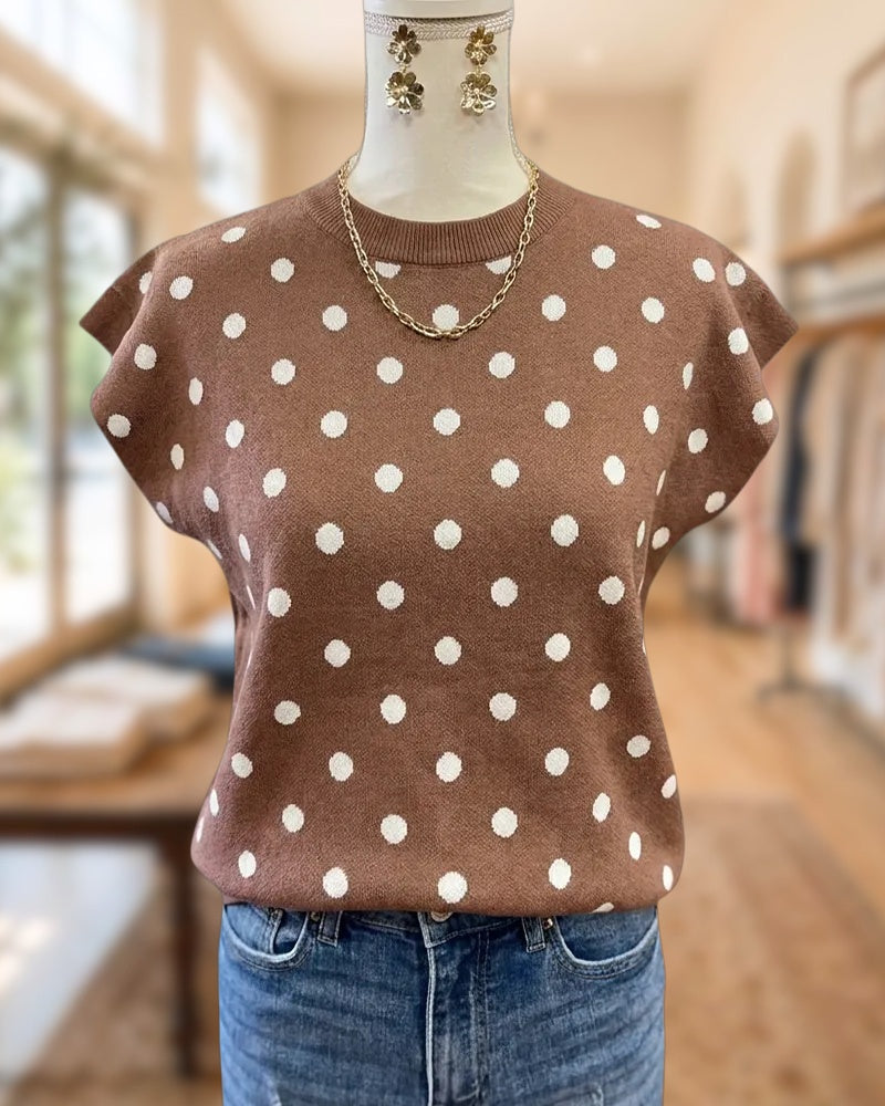 Polka Dot Cap Sleeve Crew Neck Casual Knit Top