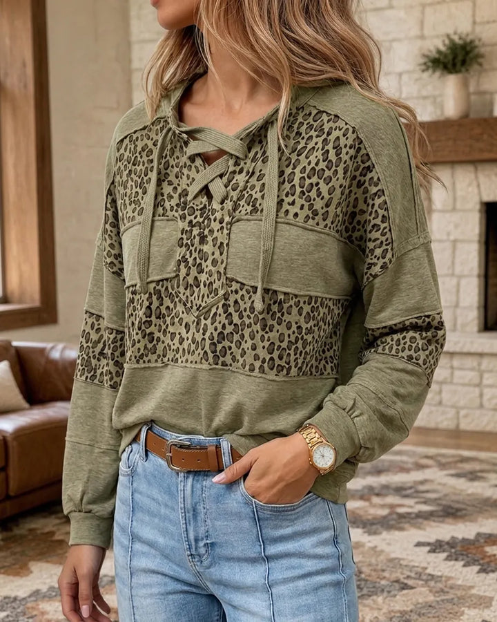 Lace Up Neck Leopard Patch Pocket Loose Casual Sweatshirt
