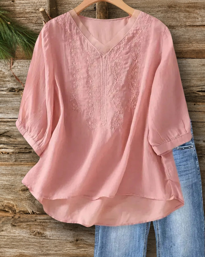 V Neck Floral Embroidery 3/4 Sleeve Blouse