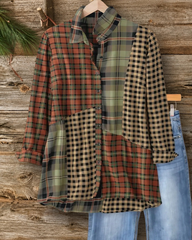 Mixed Plaid Print Modern Button Down Blouse