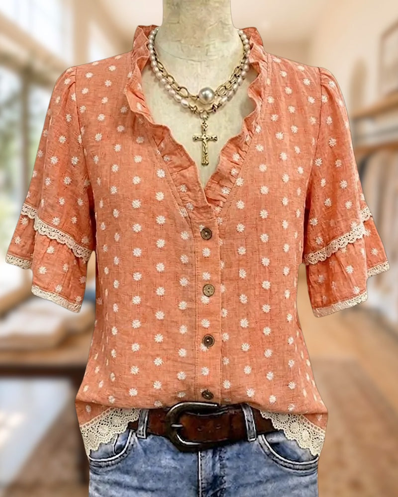 Ruffled V Neck Lace Trim Floral Print Button Front Blouse