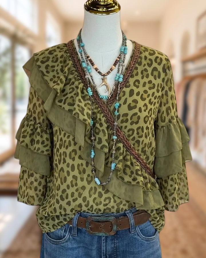 Ruffled V Neck Tiered Sleeve Leopard Print Casual Blouse